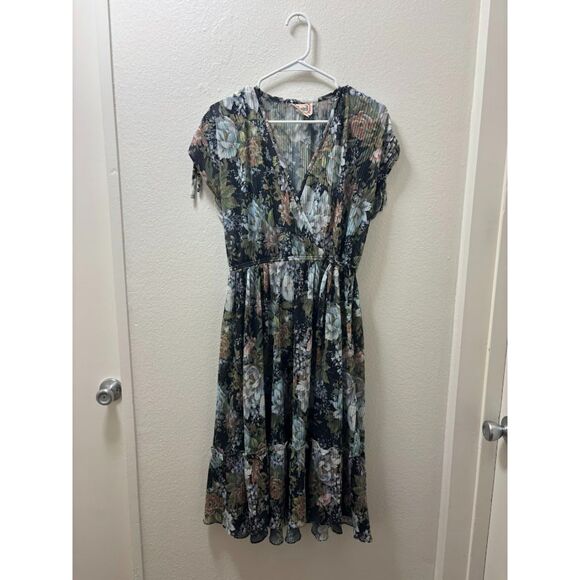 Vintage Phase II Dress Women's Size Small Gray Blue Floral Micro Pleat 70s Retro - Picture 4 of 5
